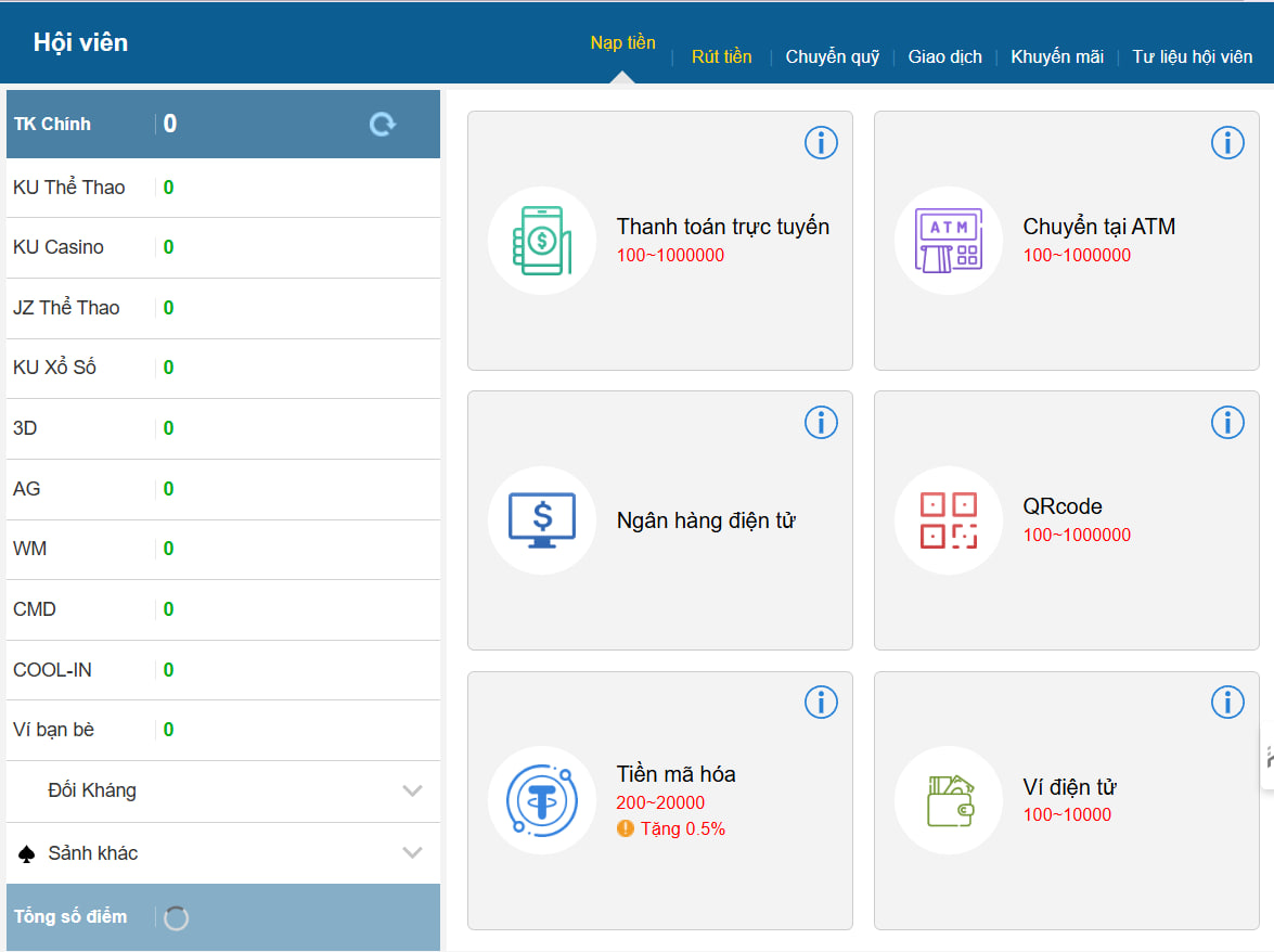 Sau khi đăng nhập vào sảnh KU thì bạn cần nạp tiền để có điểm trước khi bắt đầu đặt cược